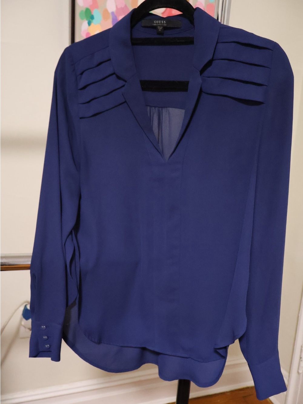 GUESS Deep Blue V-Neck Pleated Shoulder Blouse